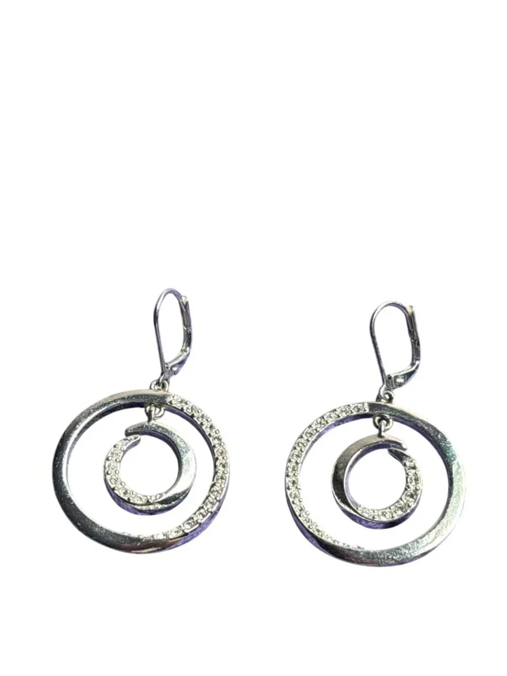 Silvertone Double Circle Dangle Earrings Clear Rhinestones Some Metal Wear